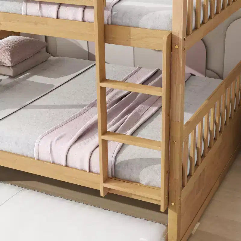 Full Over Full Rubber Wood Bunk Bed with Trundle, Ladder and Guardrails, Convertible to 2 Full Size Beds