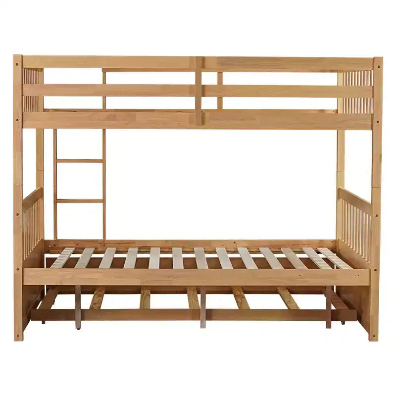 Full Over Full Rubber Wood Bunk Bed with Trundle, Ladder and Guardrails, Convertible to 2 Full Size Beds