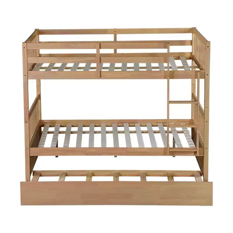 Full Over Full Rubber Wood Bunk Bed with Trundle, Ladder and Guardrails, Convertible to 2 Full Size Beds