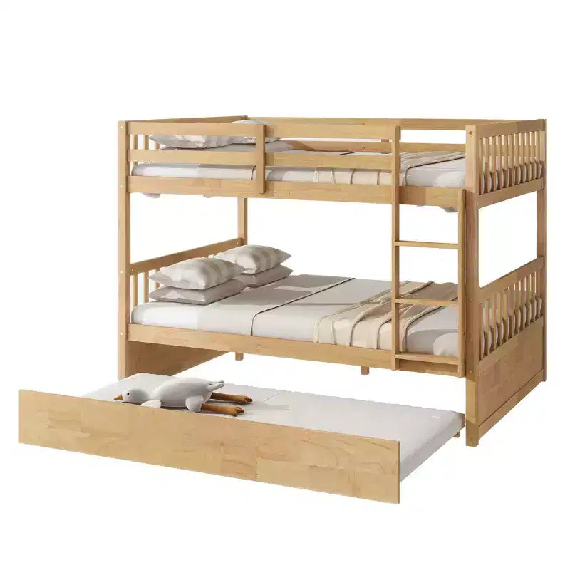 Full Over Full Rubber Wood Bunk Bed with Trundle, Ladder and Guardrails, Convertible to 2 Full Size Beds