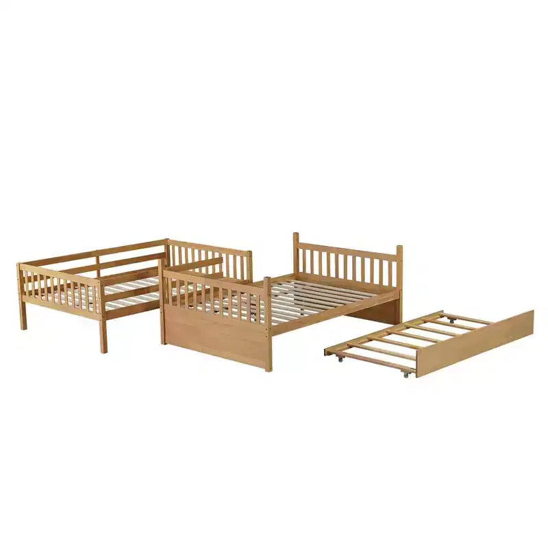 Full Over Full Rubber Wood Bunk Bed with Trundle, Ladder and Guardrails, Convertible to 2 Full Size Beds