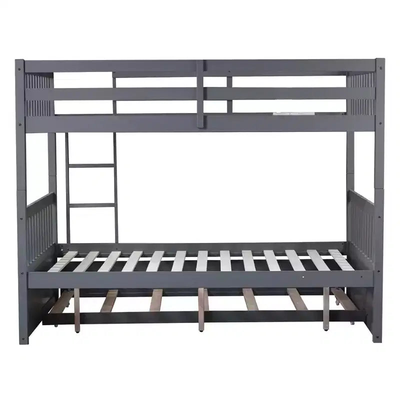 Full Over Full Rubber Wood Bunk Bed with Trundle, Ladder and Guardrails, Convertible to 2 Full Size Beds