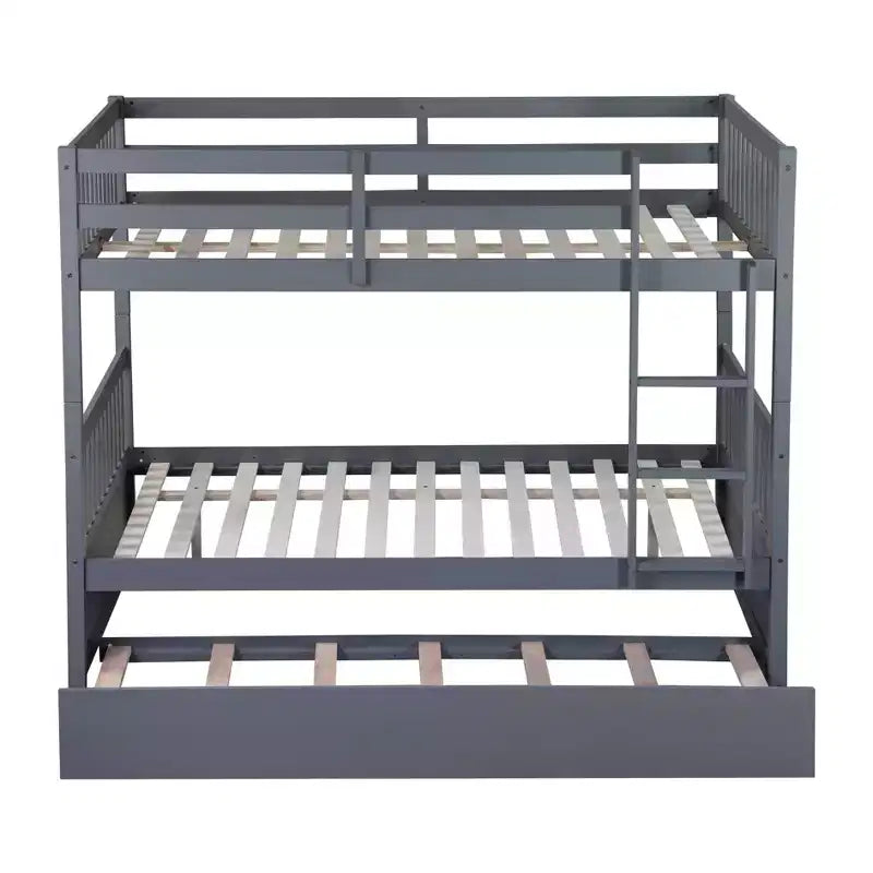 Full Over Full Rubber Wood Bunk Bed with Trundle, Ladder and Guardrails, Convertible to 2 Full Size Beds