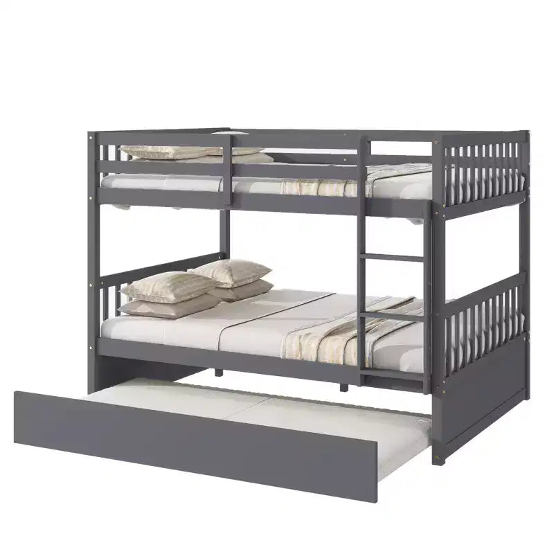 Full Over Full Rubber Wood Bunk Bed with Trundle, Ladder and Guardrails, Convertible to 2 Full Size Beds