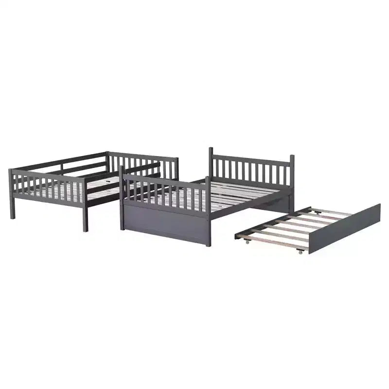 Full Over Full Rubber Wood Bunk Bed with Trundle, Ladder and Guardrails, Convertible to 2 Full Size Beds