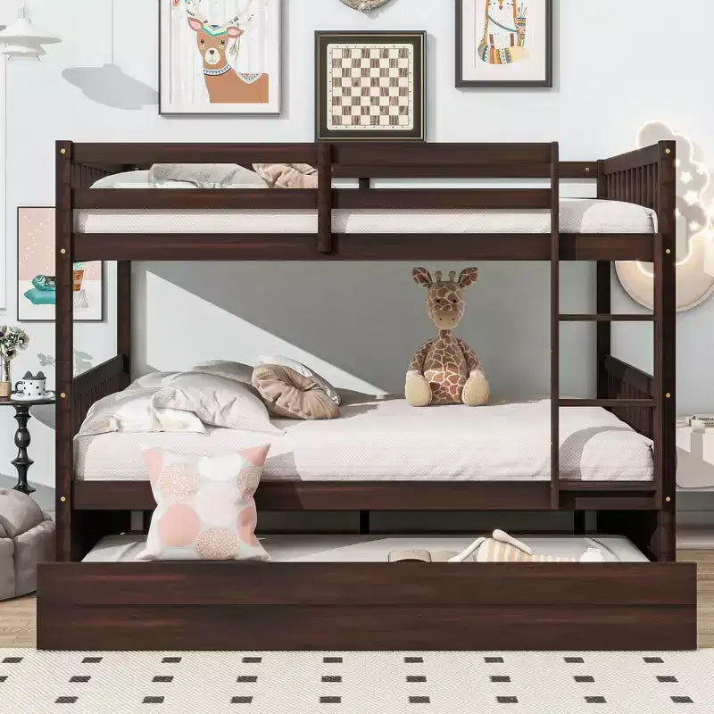 Full Over Full Rubber Wood Bunk Bed with Trundle, Ladder and Guardrails, Convertible to 2 Full Size Beds