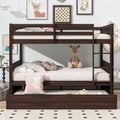 Full Over Full Rubber Wood Bunk Bed with Trundle, Ladder and Guardrails, Convertible to 2 Full Size Beds