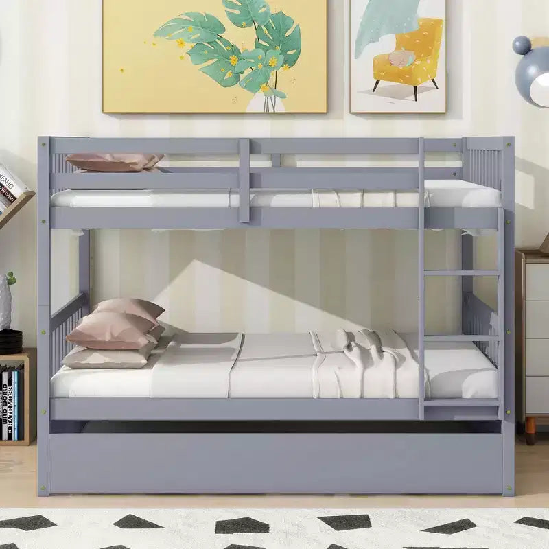 Full Over Full Rubber Wood Bunk Bed with Trundle, Ladder and Guardrails, Convertible to 2 Full Size Beds