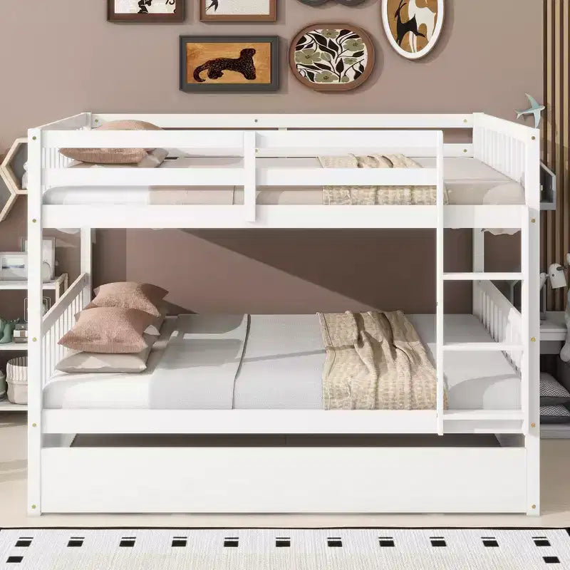 Full Over Full Rubber Wood Bunk Bed with Trundle, Ladder and Guardrails, Convertible to 2 Full Size Beds