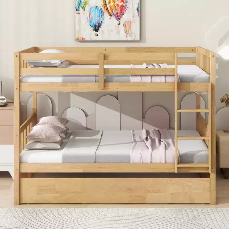 Full Over Full Rubber Wood Bunk Bed with Trundle, Ladder and Guardrails, Convertible to 2 Full Size Beds