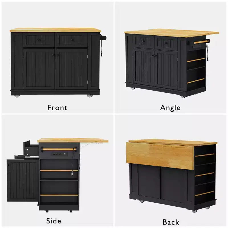 48 Large Rolling Kitchen Island with Drop Leaf Power Outlet & 5 Wheels, Kitchen Cart with Adjustable Shelves & Spice Rack, White/Black