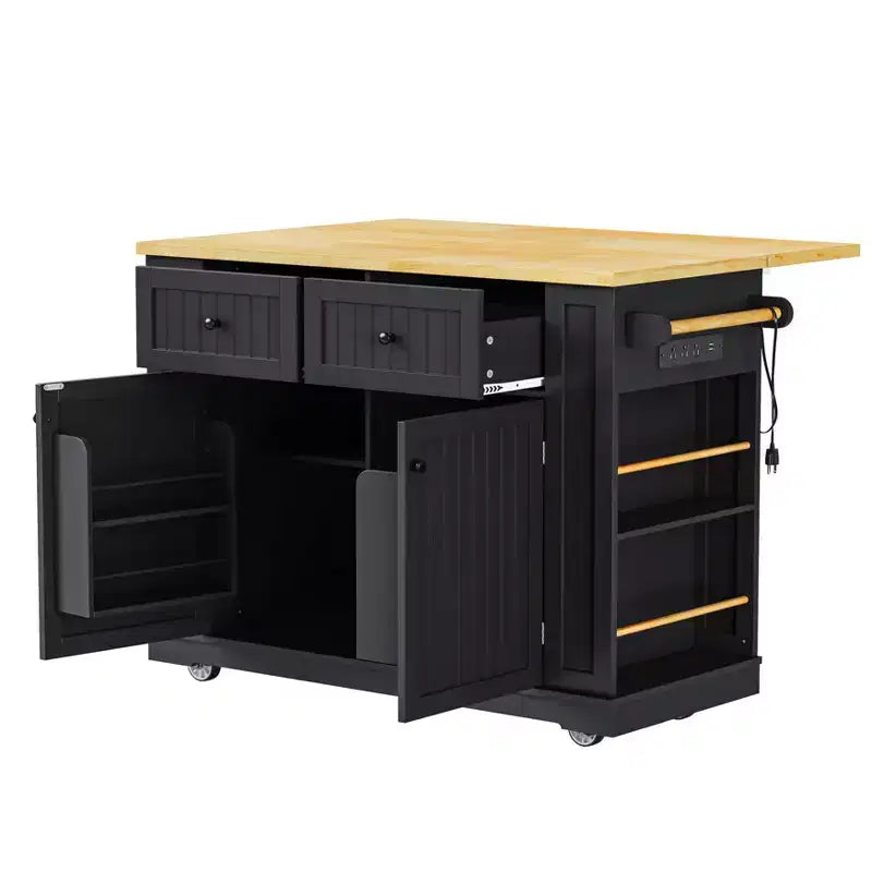 48 Large Rolling Kitchen Island with Drop Leaf Power Outlet & 5 Wheels, Kitchen Cart with Adjustable Shelves & Spice Rack, White/Black