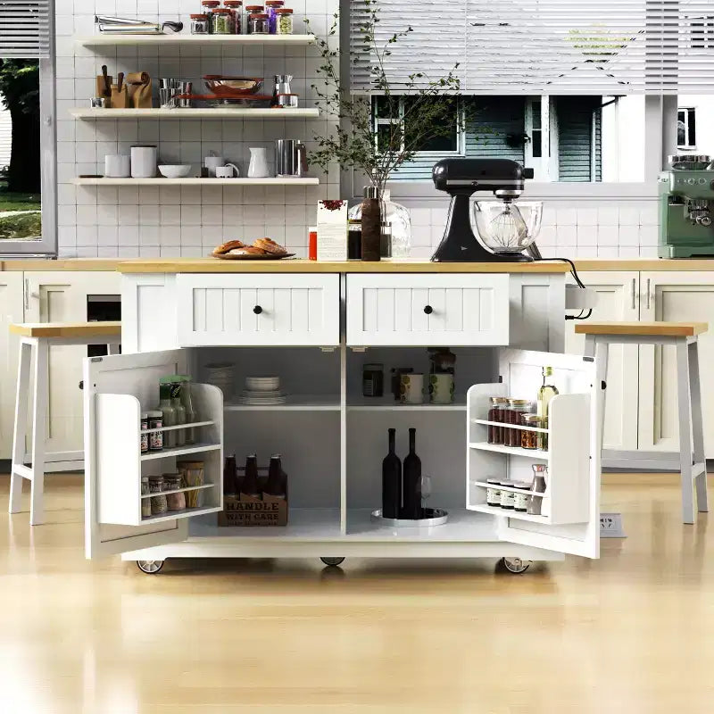 48 Large Rolling Kitchen Island with Drop Leaf Power Outlet & 5 Wheels, Kitchen Cart with Adjustable Shelves & Spice Rack, White/Black