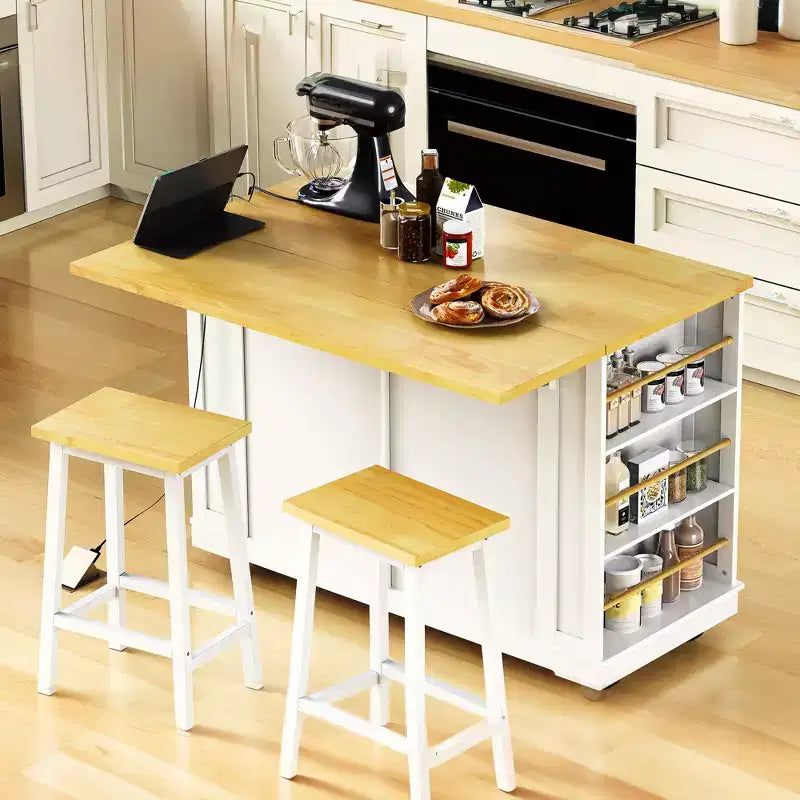 48 Large Rolling Kitchen Island with Drop Leaf Power Outlet & 5 Wheels, Kitchen Cart with Adjustable Shelves & Spice Rack, White/Black
