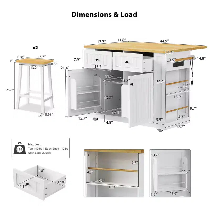 48 Large Rolling Kitchen Island with Drop Leaf Power Outlet & 5 Wheels, Kitchen Cart with Adjustable Shelves & Spice Rack, White/Black