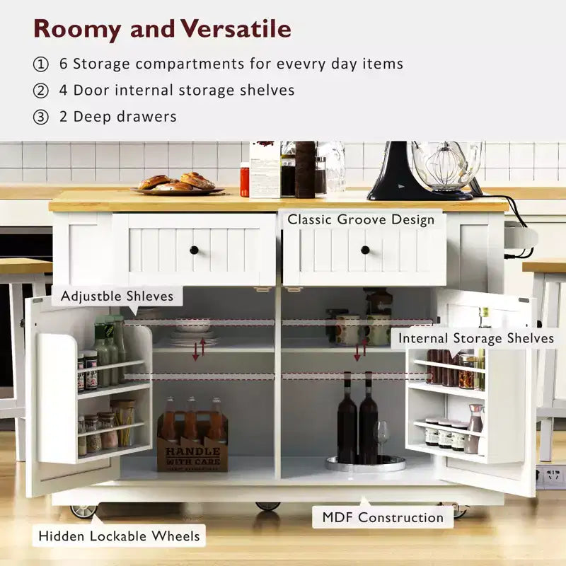 48 Large Rolling Kitchen Island with Drop Leaf Power Outlet & 5 Wheels, Kitchen Cart with Adjustable Shelves & Spice Rack, White/Black