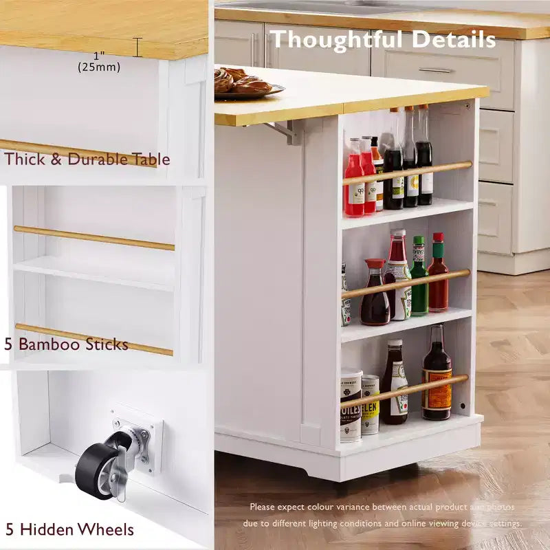 48 Large Rolling Kitchen Island with Drop Leaf Power Outlet & 5 Wheels, Kitchen Cart with Adjustable Shelves & Spice Rack, White/Black