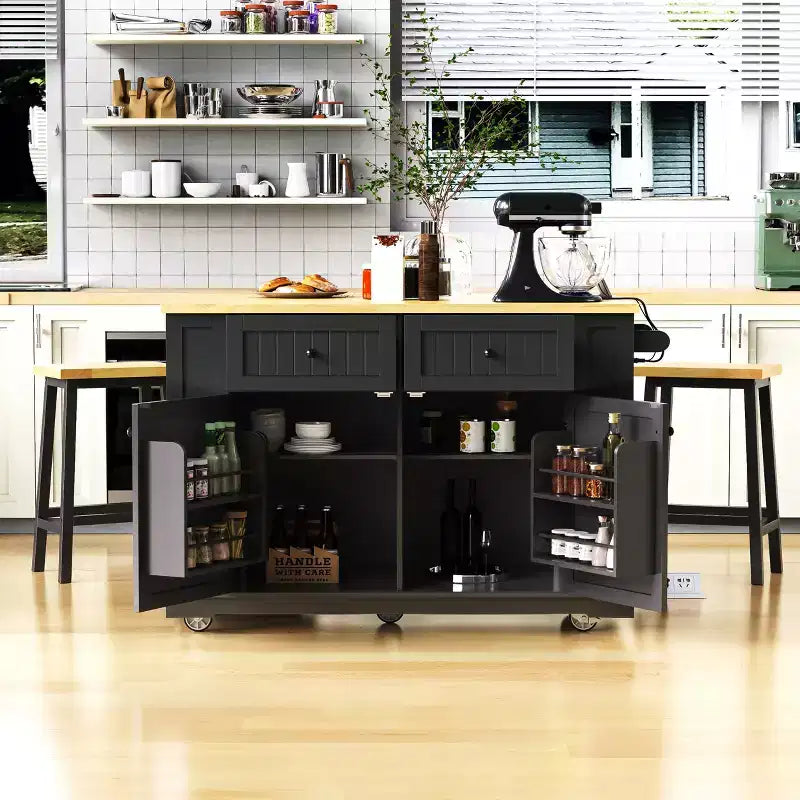 48 Large Rolling Kitchen Island with Drop Leaf Power Outlet & 5 Wheels, Kitchen Cart with Adjustable Shelves & Spice Rack, White/Black