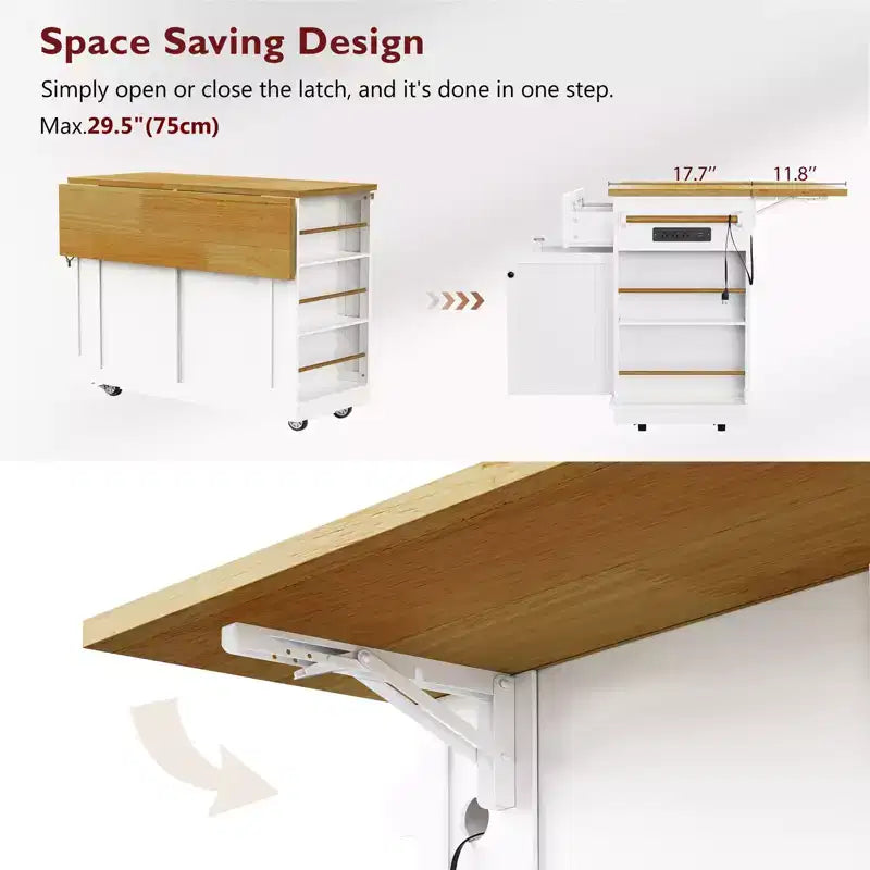 48 Large Rolling Kitchen Island with Drop Leaf Power Outlet & 5 Wheels, Kitchen Cart with Adjustable Shelves & Spice Rack, White/Black