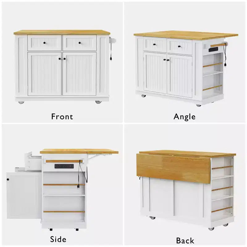 48 Large Rolling Kitchen Island with Drop Leaf Power Outlet & 5 Wheels, Kitchen Cart with Adjustable Shelves & Spice Rack, White/Black