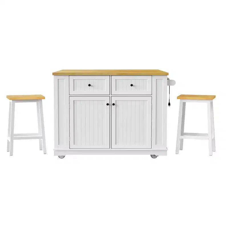 48 Large Rolling Kitchen Island with Drop Leaf Power Outlet & 5 Wheels, Kitchen Cart with Adjustable Shelves & Spice Rack, White/Black
