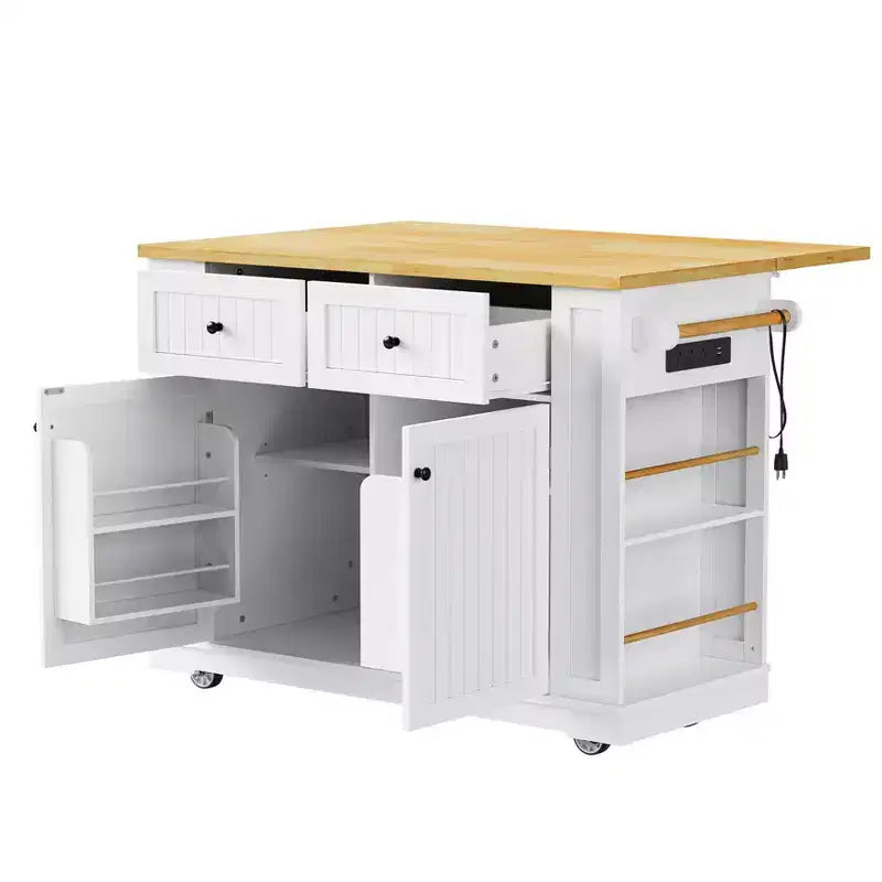 48 Large Rolling Kitchen Island with Drop Leaf Power Outlet & 5 Wheels, Kitchen Cart with Adjustable Shelves & Spice Rack, White/Black