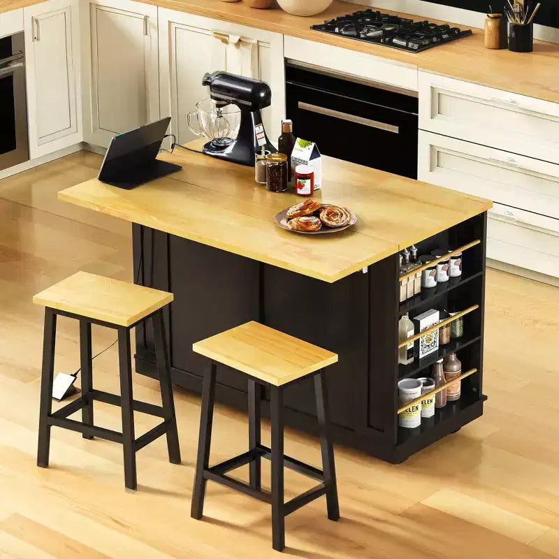 48 Large Rolling Kitchen Island with Drop Leaf Power Outlet & 5 Wheels, Kitchen Cart with Adjustable Shelves & Spice Rack, White/Black