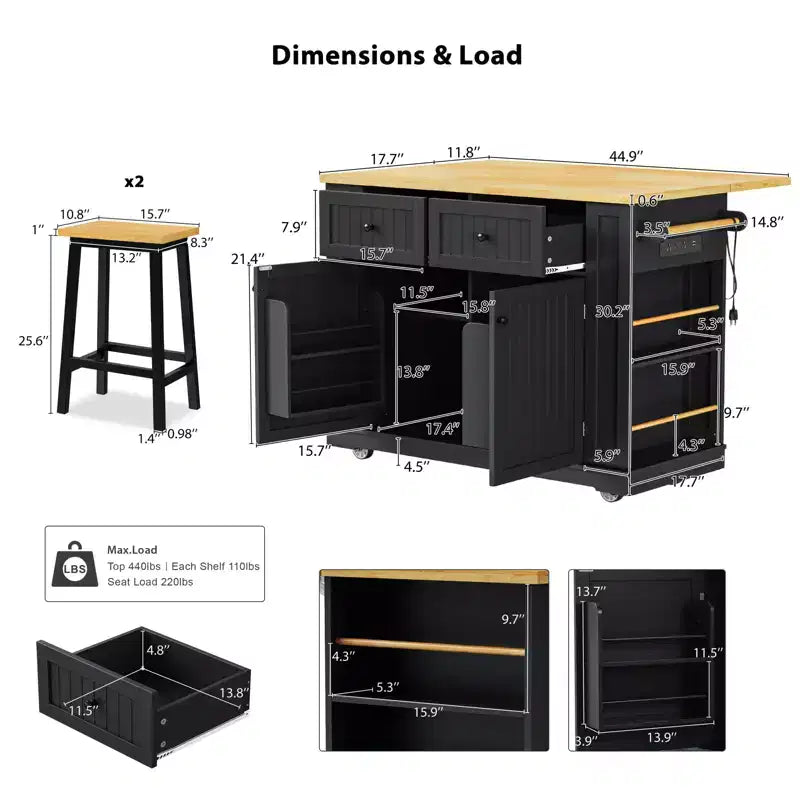 48 Large Rolling Kitchen Island with Drop Leaf Power Outlet & 5 Wheels, Kitchen Cart with Adjustable Shelves & Spice Rack, White/Black