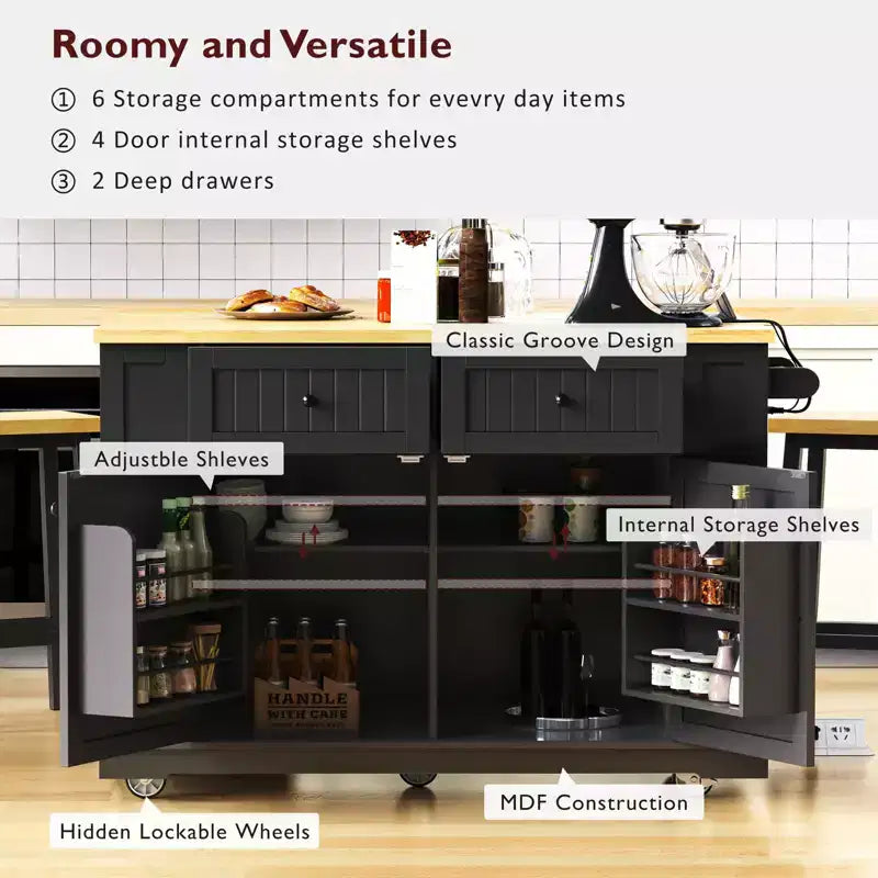 48 Large Rolling Kitchen Island with Drop Leaf Power Outlet & 5 Wheels, Kitchen Cart with Adjustable Shelves & Spice Rack, White/Black