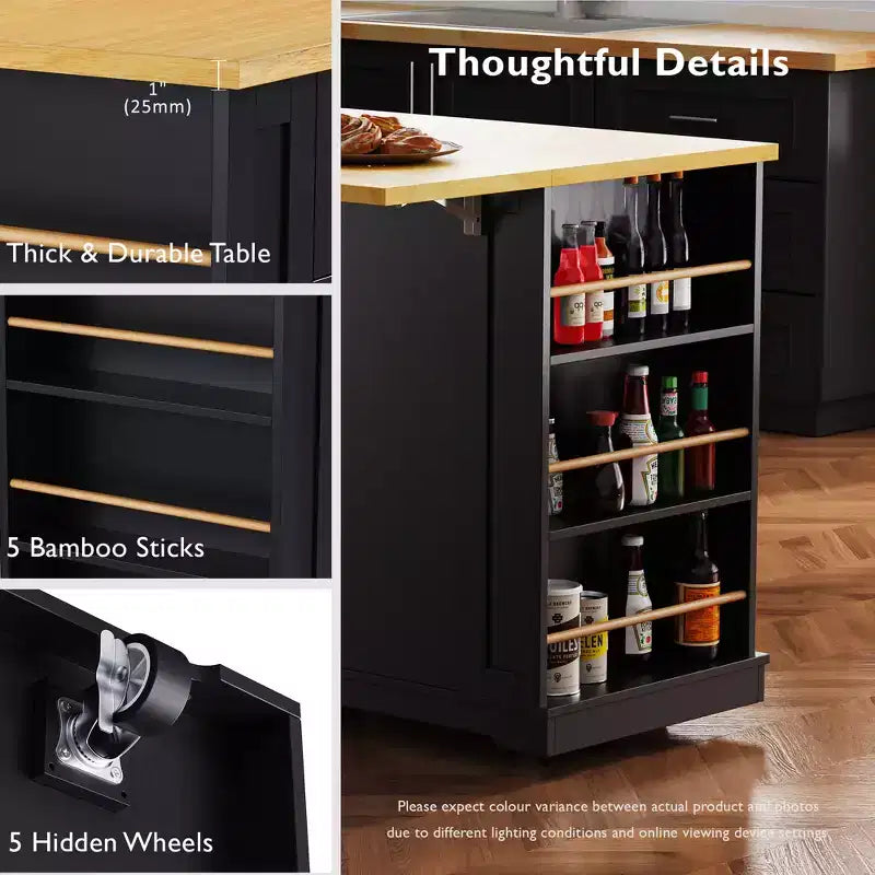 48 Large Rolling Kitchen Island with Drop Leaf Power Outlet & 5 Wheels, Kitchen Cart with Adjustable Shelves & Spice Rack, White/Black