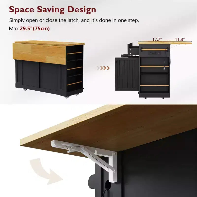 48 Large Rolling Kitchen Island with Drop Leaf Power Outlet & 5 Wheels, Kitchen Cart with Adjustable Shelves & Spice Rack, White/Black