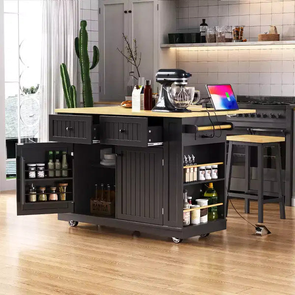 Isola da Cucina Grande su Ruote da 122 cm con Anta a Ribalta, Presa Elettrica e 5 Ruote, Carrello da Cucina con Ripiani Regolabili e Portaspezie, Bianco/Nero
