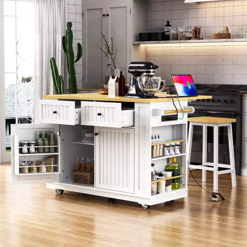 48 Large Rolling Kitchen Island with Drop Leaf Power Outlet & 5 Wheels, Kitchen Cart with Adjustable Shelves & Spice Rack, White/Black