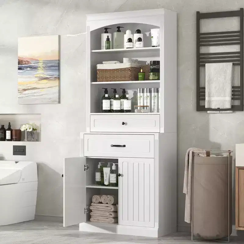 78.7'' Tall Wooden Bathroom Storage Cabinet with Drawers & Storage, Modern Bookshelf with Adjustable Shelf, White