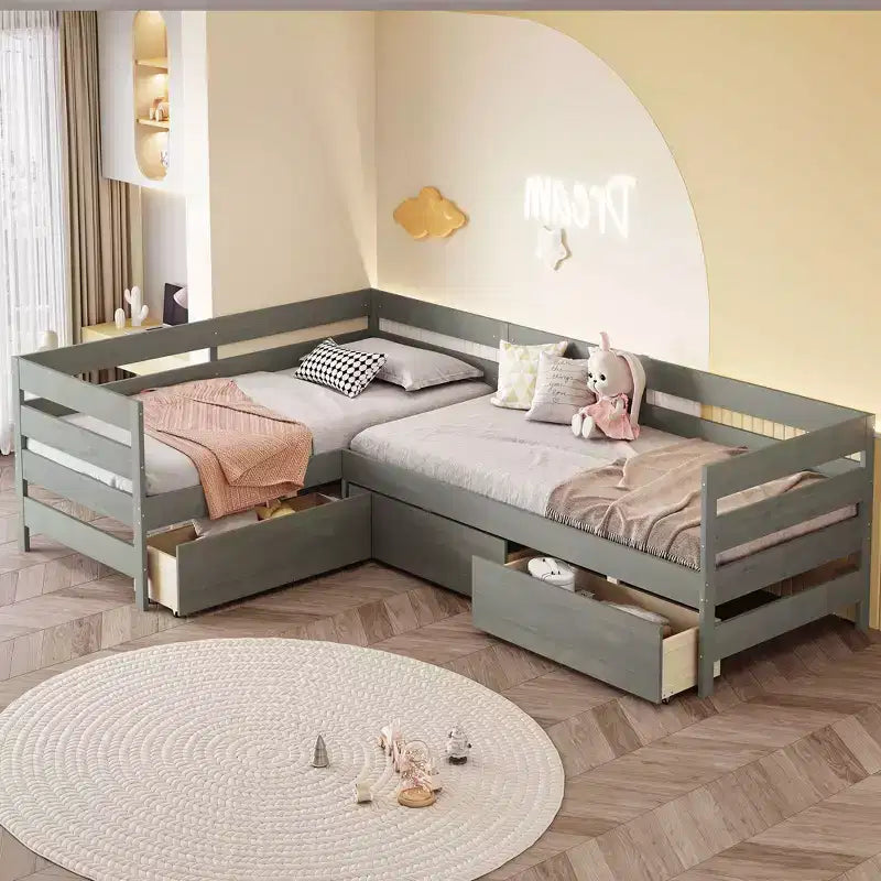 Whisen Twin Size L-shaped Platform Bed with Three Storage Drawers