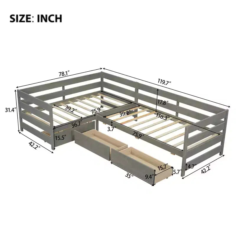 Twin Size L-shaped Platform Bed with Three Storage Drawers