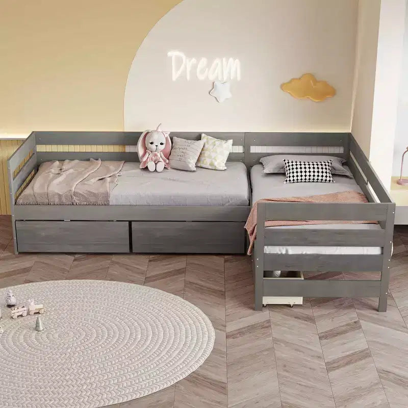 Twin Size L-shaped Platform Bed with Three Storage Drawers