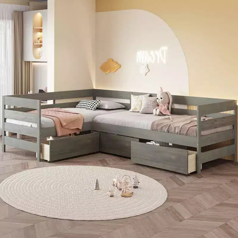 Twin Size L-shaped Platform Bed with Three Storage Drawers