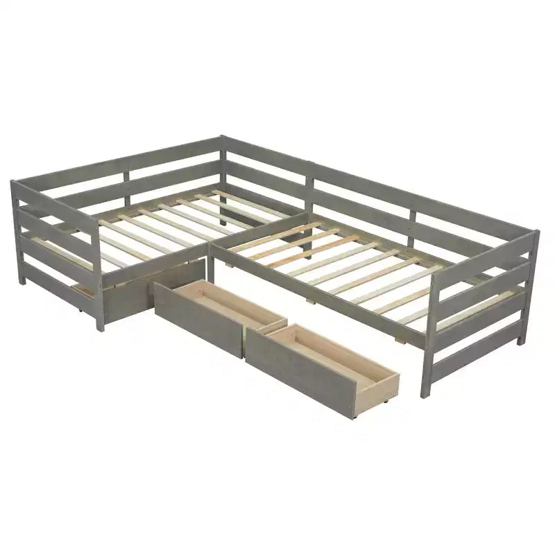 Twin Size L-shaped Platform Bed with Three Storage Drawers