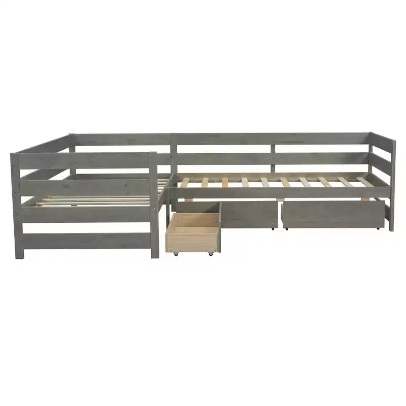 Twin Size L-shaped Platform Bed with Three Storage Drawers