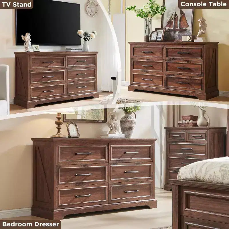 Comò a 6 cassetti per camera da letto, Mobile TV rustico con 6 cassetti, Comò in legno rustico da 132 cm di larghezza per camera da letto