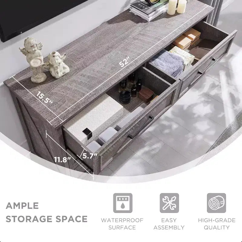 Comò a 6 cassetti per camera da letto, Mobile TV rustico con 6 cassetti, Comò in legno rustico da 132 cm di larghezza per camera da letto