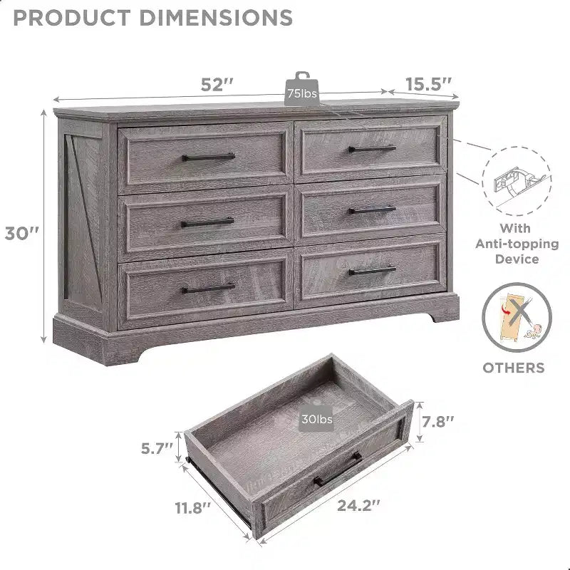 Comò a 6 cassetti per camera da letto, Mobile TV rustico con 6 cassetti, Comò in legno rustico da 132 cm di larghezza per camera da letto