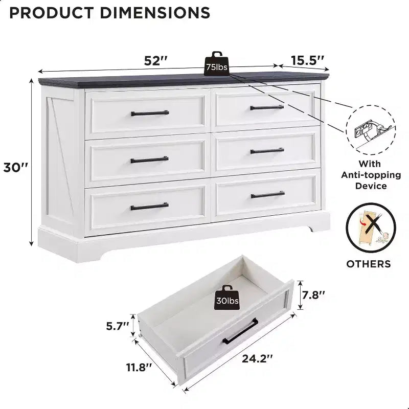 Comò a 6 cassetti per camera da letto, Mobile TV rustico con 6 cassetti, Comò in legno rustico da 132 cm di larghezza per camera da letto