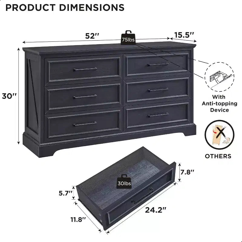Comò a 6 cassetti per camera da letto, Mobile TV rustico con 6 cassetti, Comò in legno rustico da 132 cm di larghezza per camera da letto