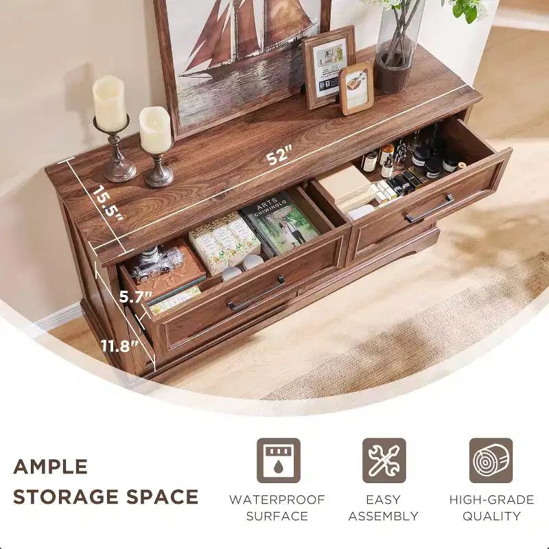 Comò a 6 cassetti per camera da letto, Mobile TV rustico con 6 cassetti, Comò in legno rustico da 132 cm di larghezza per camera da letto