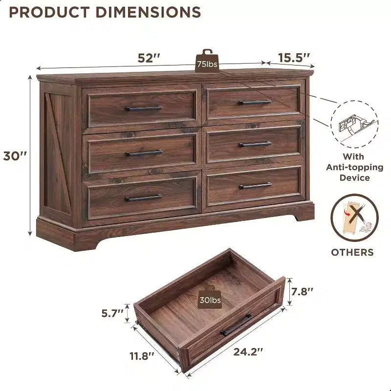 Comò a 6 cassetti per camera da letto, Mobile TV rustico con 6 cassetti, Comò in legno rustico da 132 cm di larghezza per camera da letto