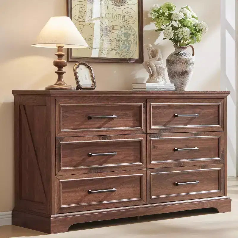 6 Drawer Dresser for Bedroom, Farmhouse TV Stand with 6 Drawers, 52 W Rustic Dresser Wood Chest of Drawers for Bedroom