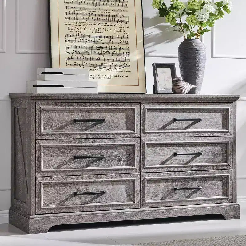 6 Drawer Dresser for Bedroom, Farmhouse TV Stand with 6 Drawers, 52 W Rustic Dresser Wood Chest of Drawers for Bedroom