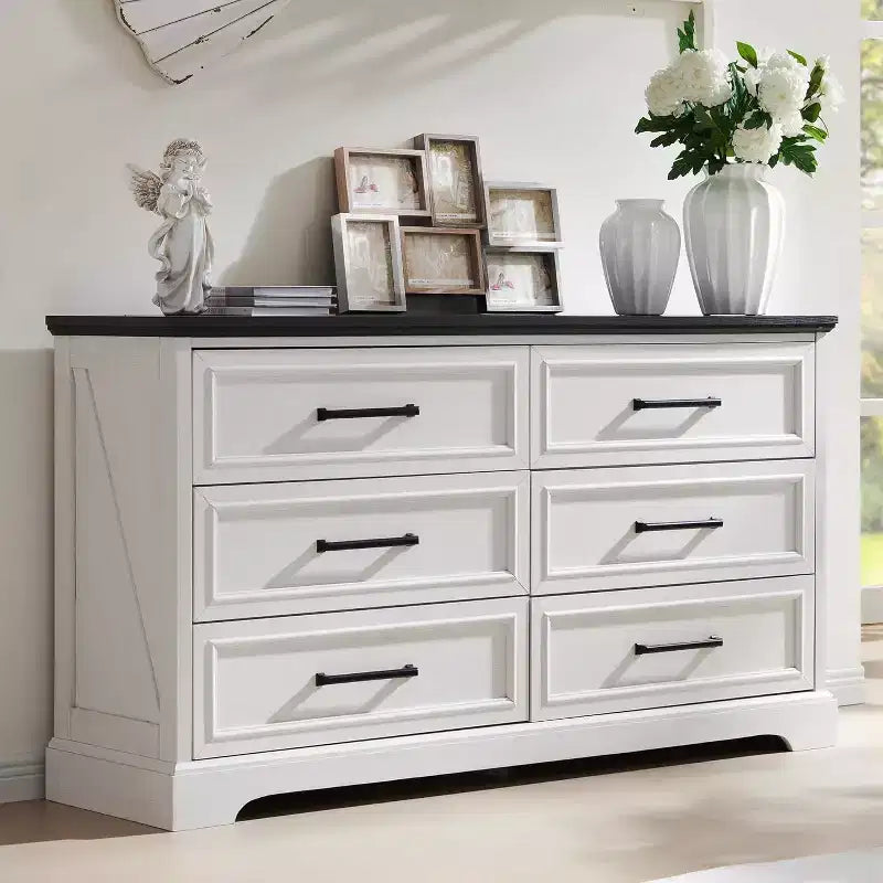 6 Drawer Dresser for Bedroom, Farmhouse TV Stand with 6 Drawers, 52 W Rustic Dresser Wood Chest of Drawers for Bedroom